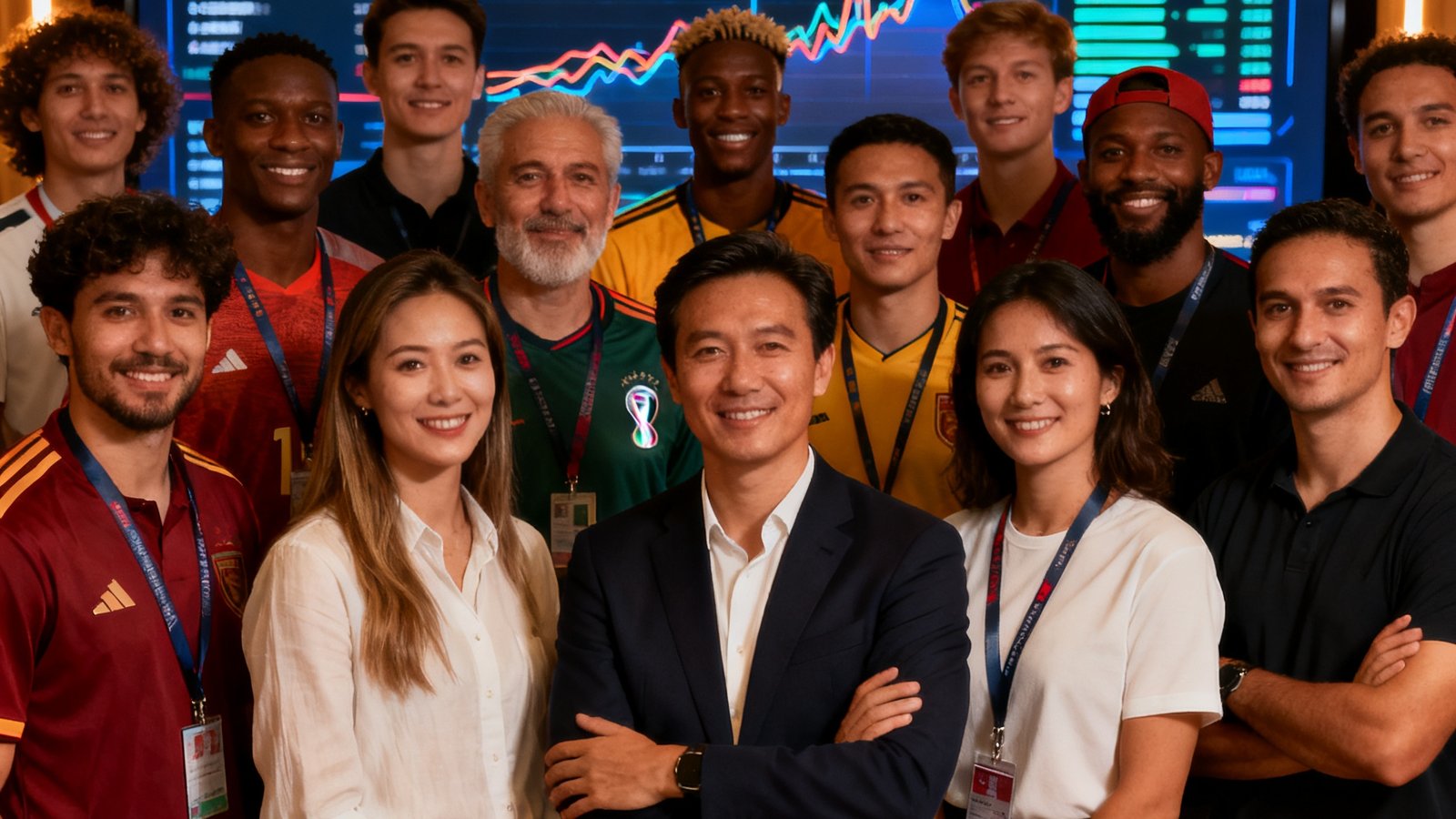 2026世界杯观赛指南团队大合影，背景是数据大屏实时显示世界杯比赛数据，成员来自不同国家